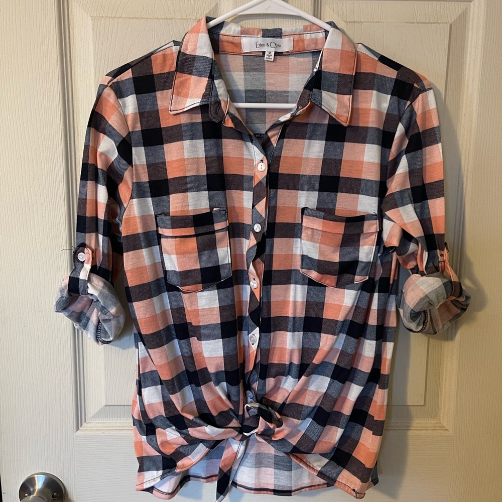 Pink plaid button up.